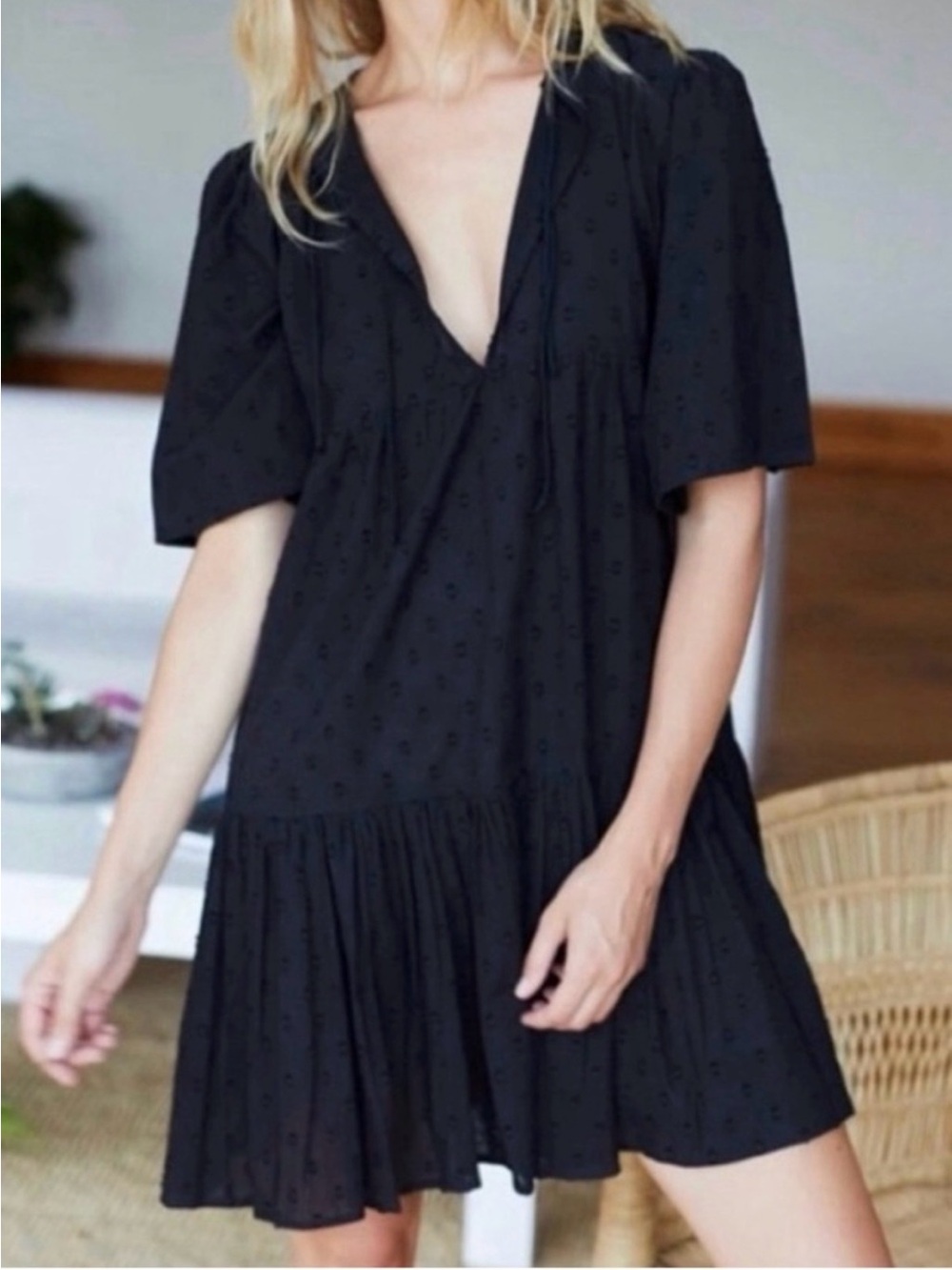 Emerson Fry Black V-Neck Tiered Midi Dress